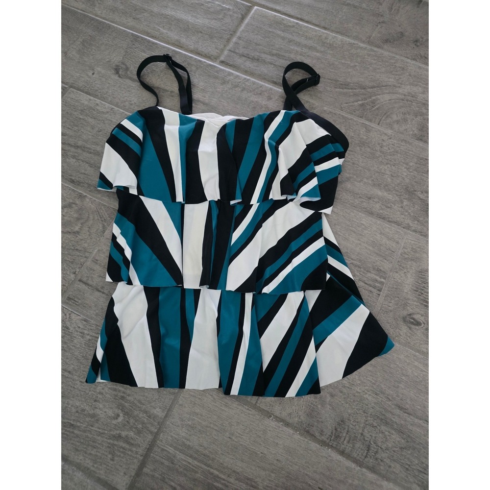 Beach House Swim Teal Black White Geometric Tiered Ruffle Tankini Top Size 8
